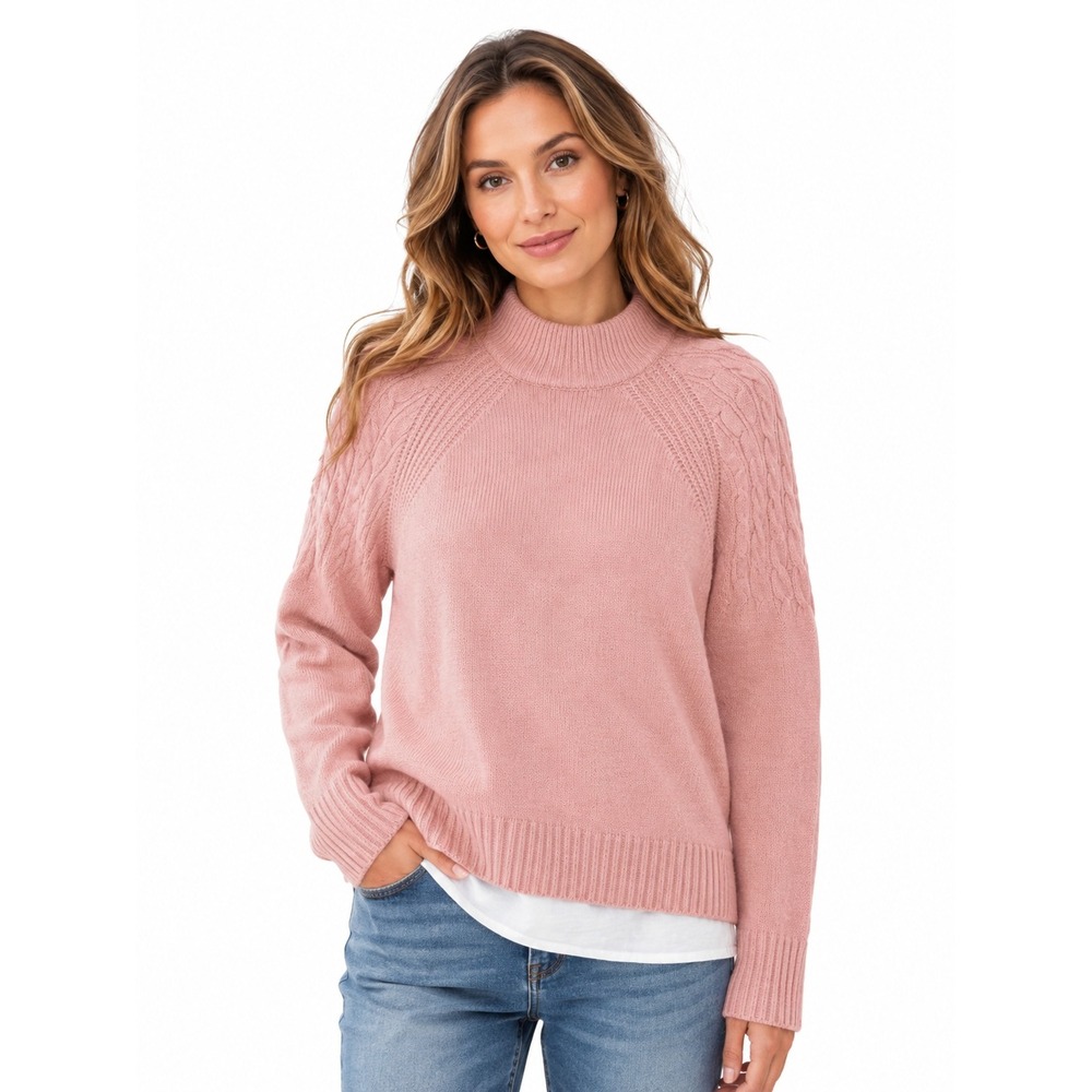 Design History Priscilla Pink Cable Knit Layered Hem Sweater Womens Med